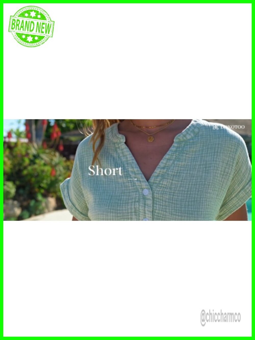 Women's Boho Button Down Blouse Cotton Short Sleeve V-Neck Loose Fit Top - Picture 5 of 6